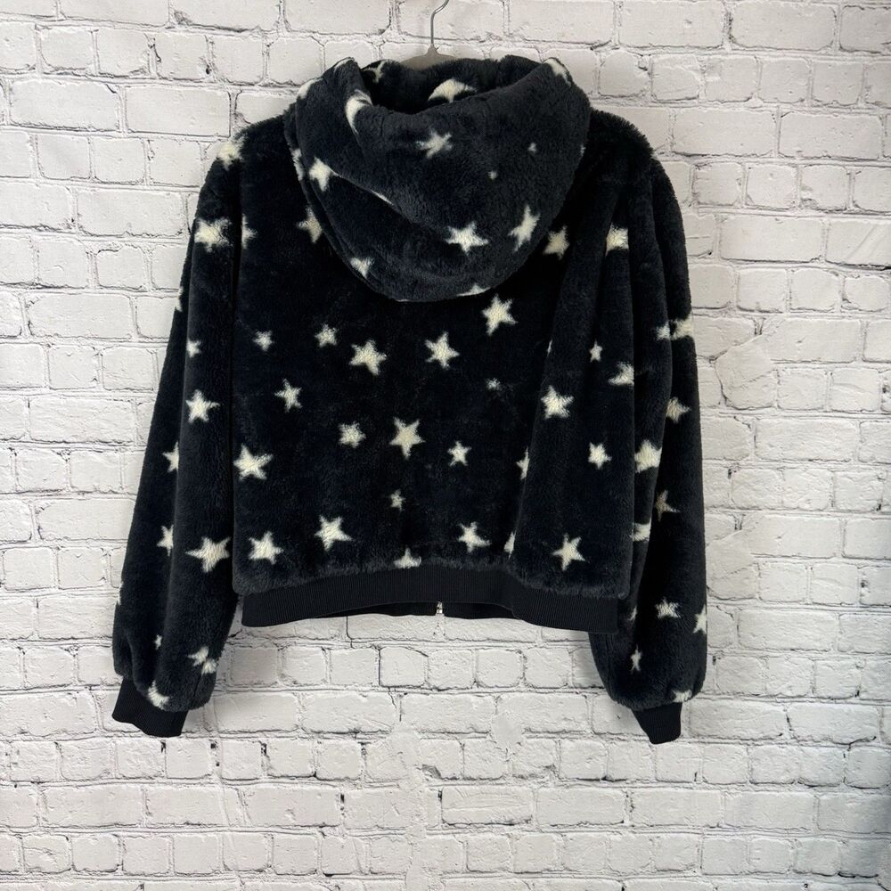 Z Supply London Star Bomber Jacket Faux Fur Hooded Zip Up Womens S Navy White - Picture 13 of 13